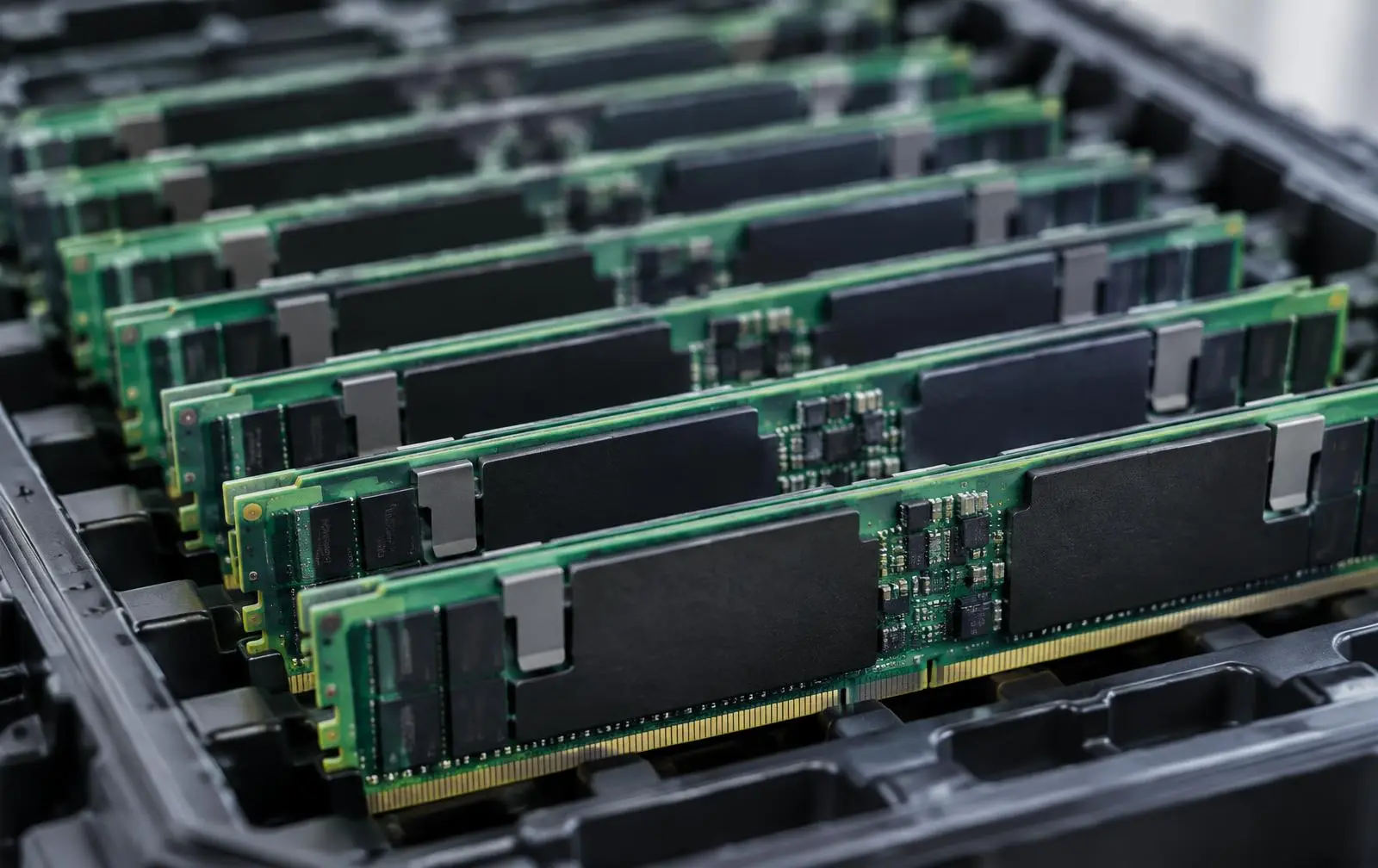 Rows of DDR5 registered server memory modules in an anti-static tray