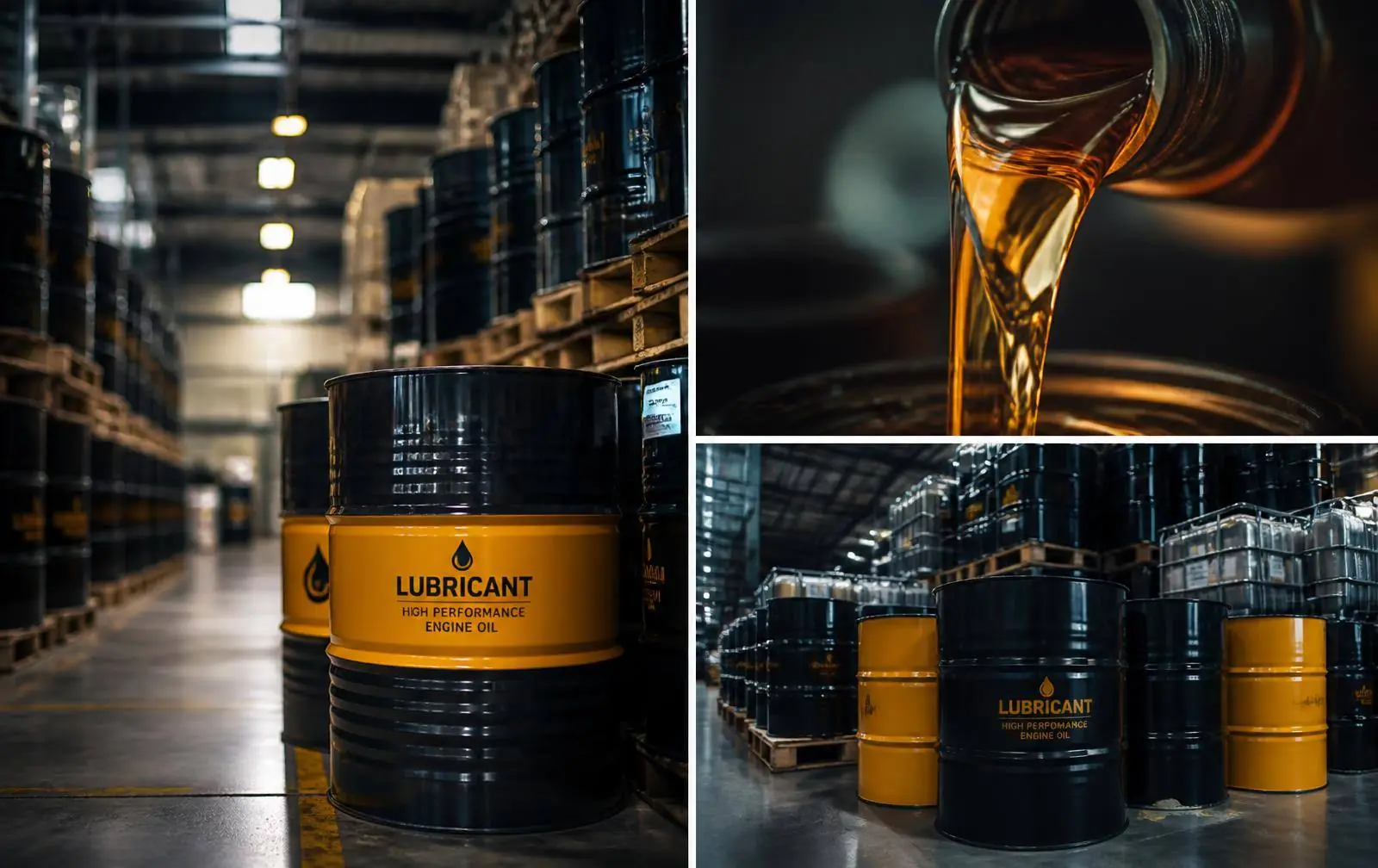 Lubricant drums and engine oil packs in an export warehouse