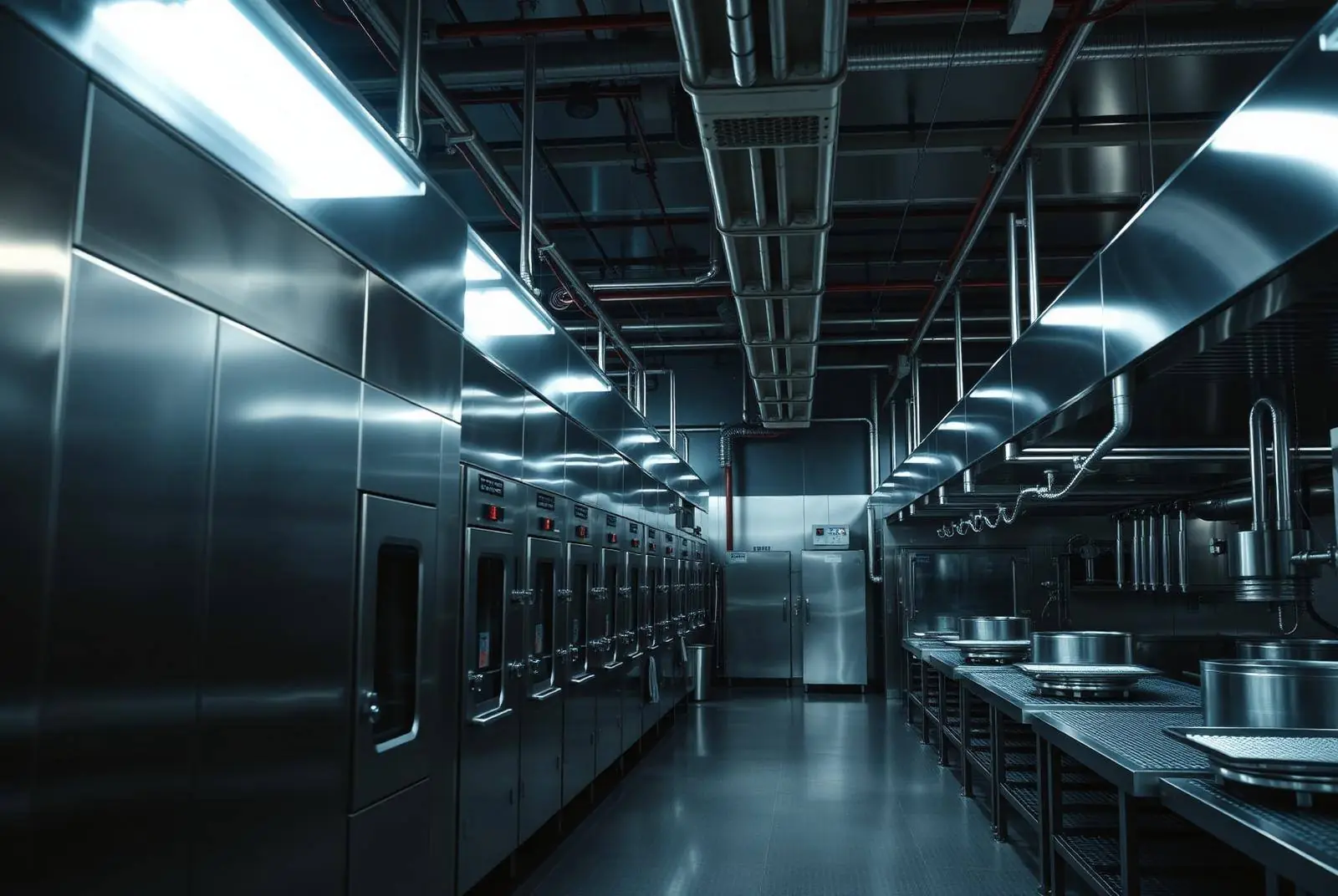 Stainless steel food processing plant interior with polished machinery lines