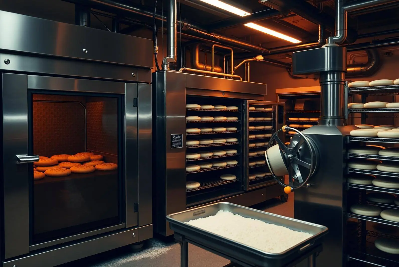 Industrial bakery rotary rack oven with bread trays and dough mixer