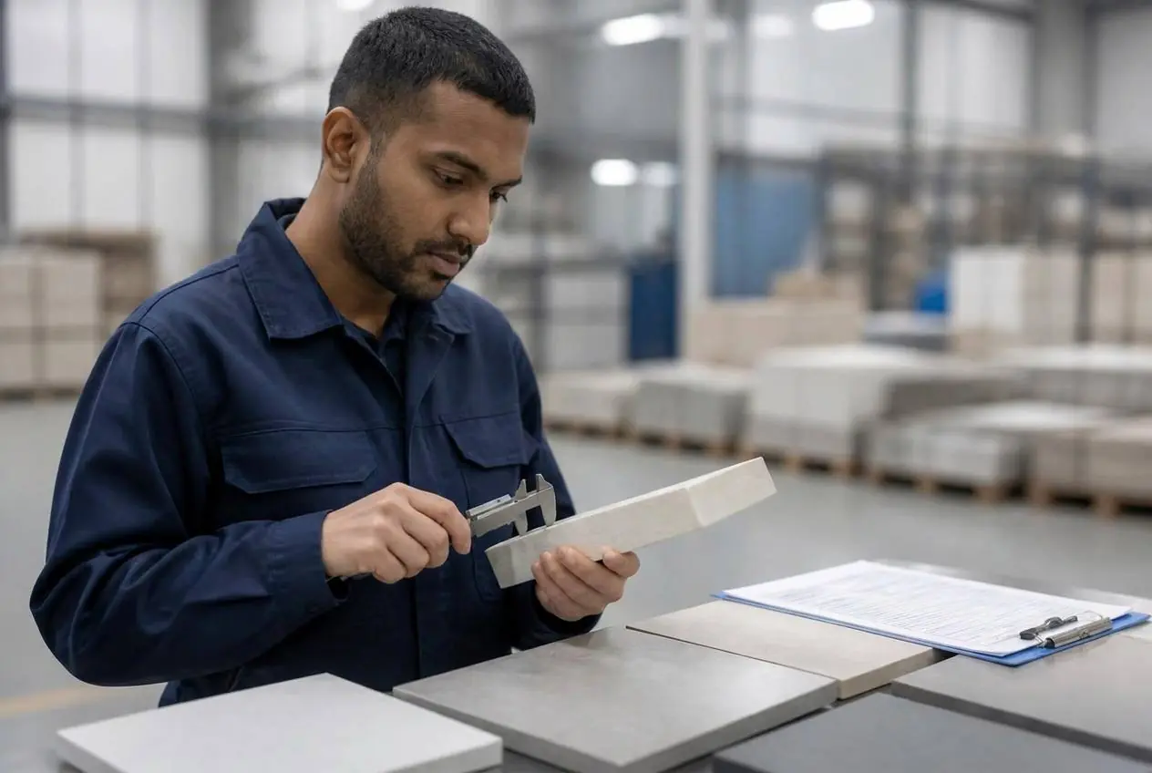 Akarta quality inspector measuring a tile sample against specification