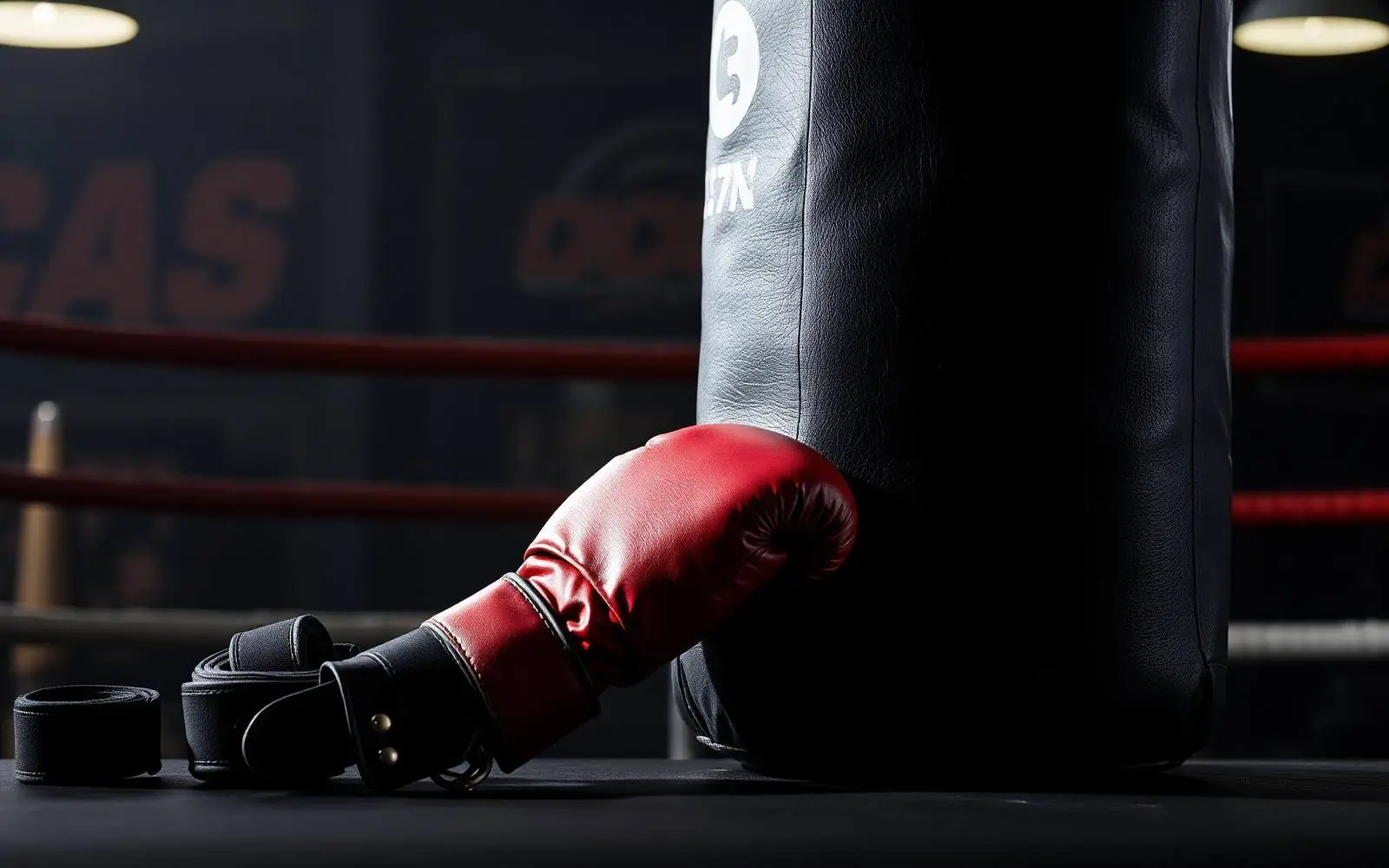 Red leather boxing glove, hand wraps and heavy punch bag in a dimly lit gym
