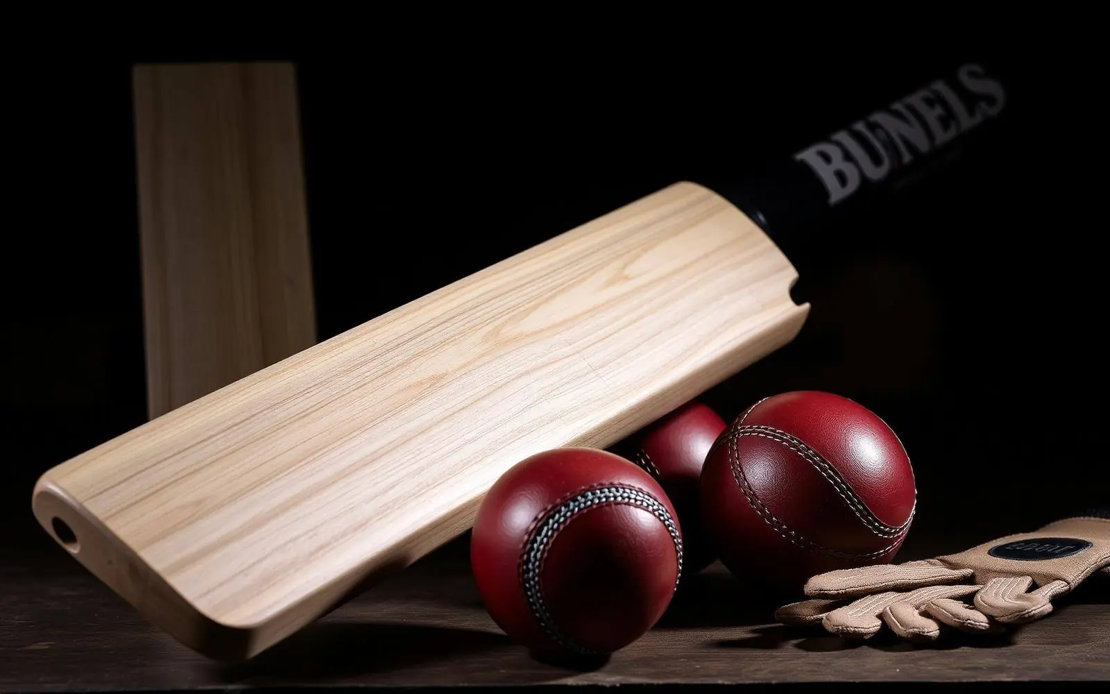 English willow cricket bat with red leather cricket balls and batting gloves on a dark workbench