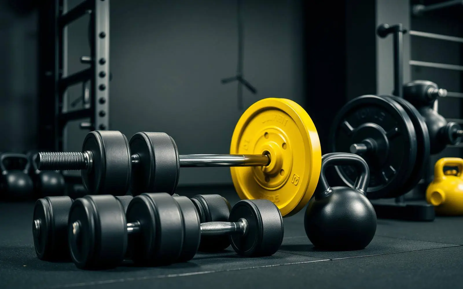 Rubber-coated dumbbells, Olympic barbell with bumper plates and kettlebells in a modern gym