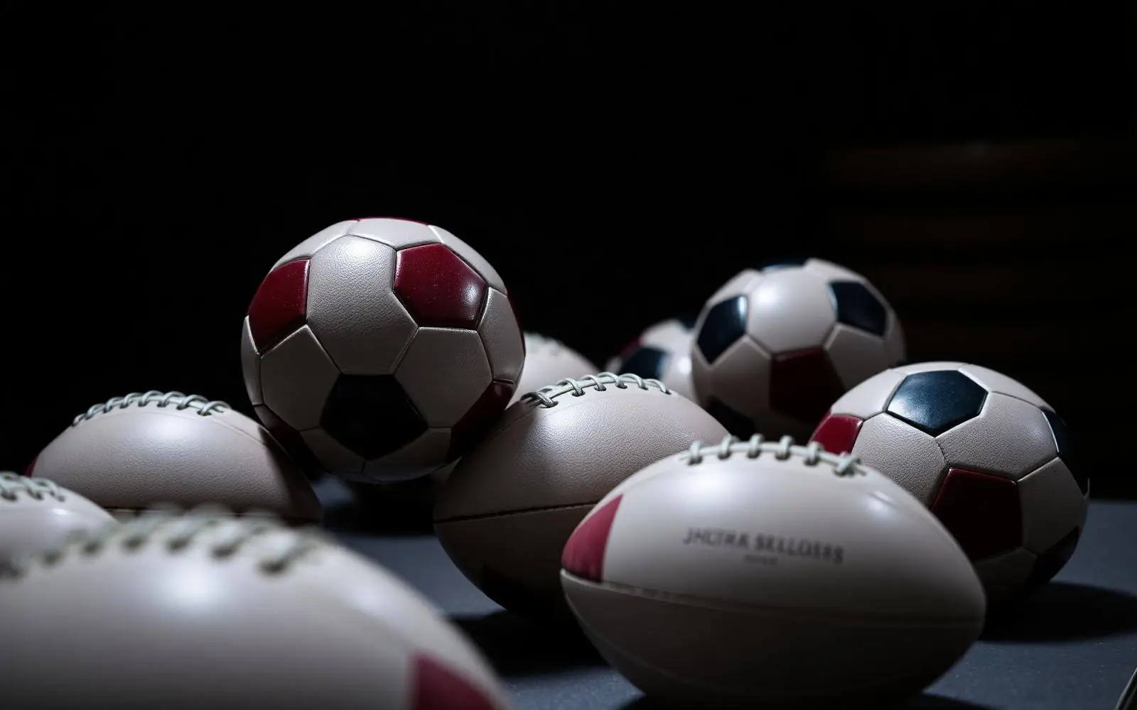 Thermo-bonded and hand-stitched footballs and rugby balls in a factory setting