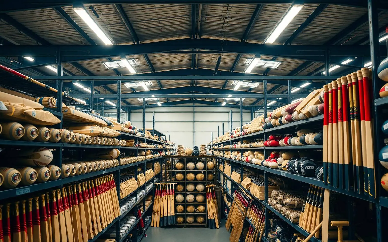 Sports goods export warehouse with cricket bats, footballs and hockey sticks on racking