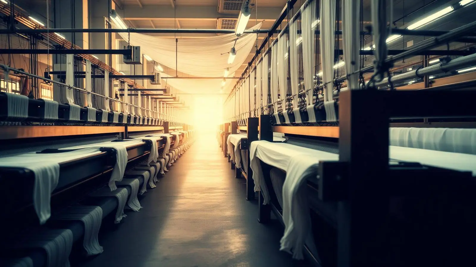 Weaving looms producing cotton fabric inside an Indian textile mill
