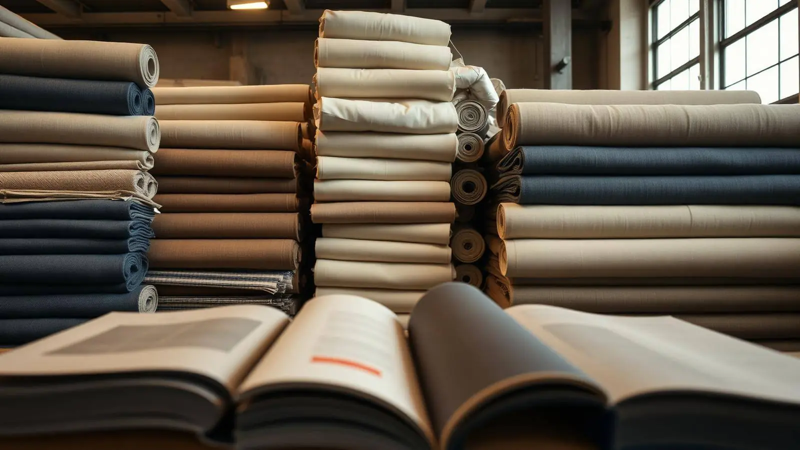 Rolls and stacks of woven cotton and denim fabric in a textile warehouse with swatch books