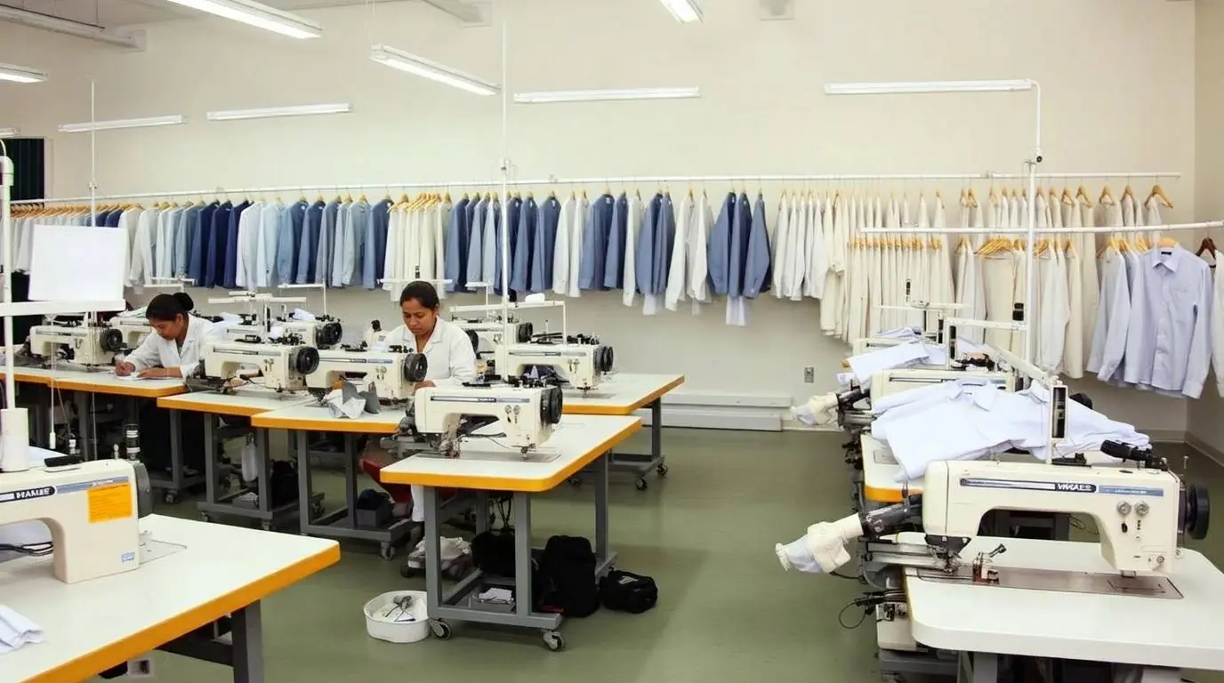 Garment manufacturing floor with industrial sewing machines and finished shirts on rails