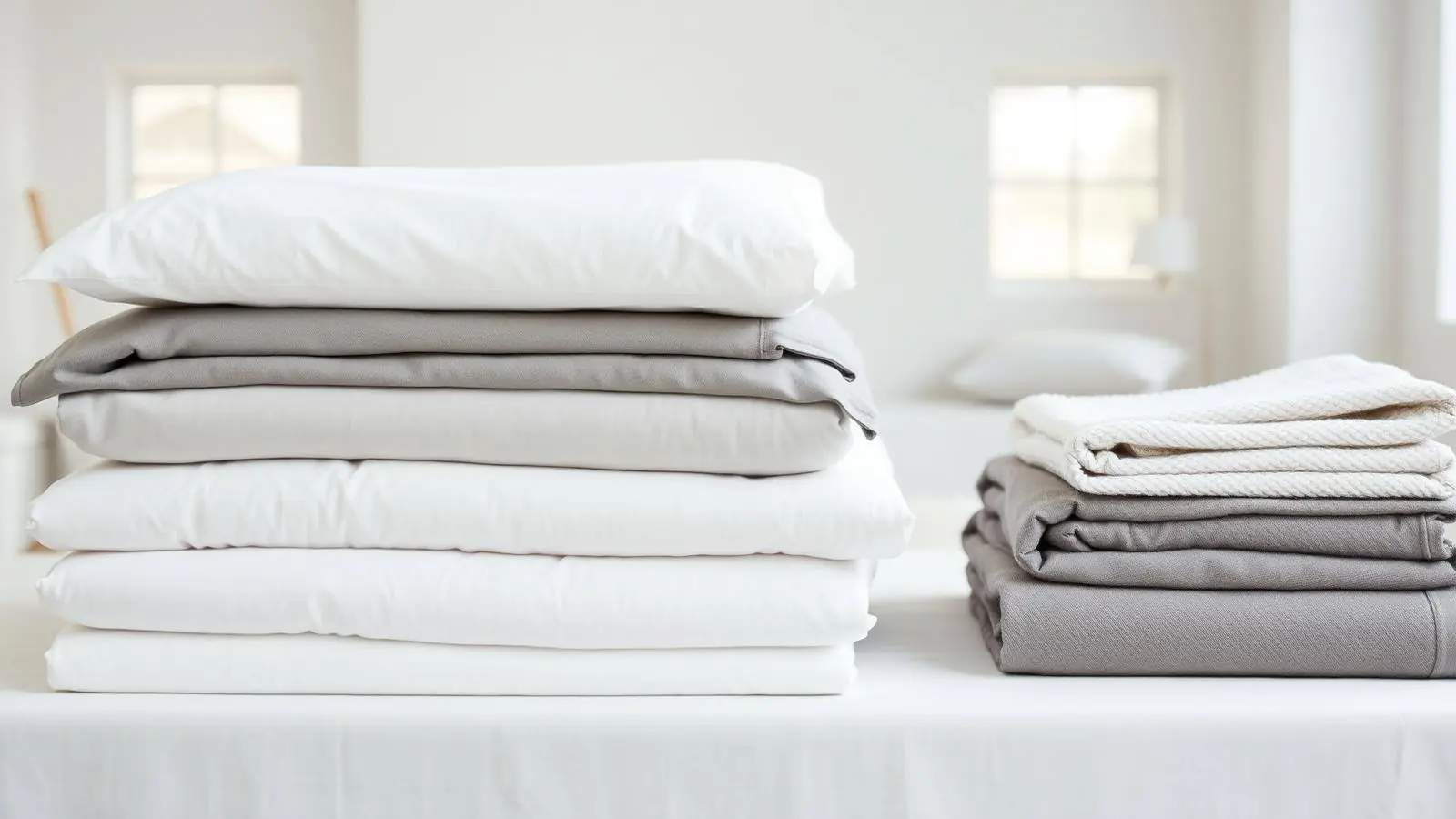 Folded white and grey cotton bed sheets, duvet covers and terry towels stacked in a bright showroom