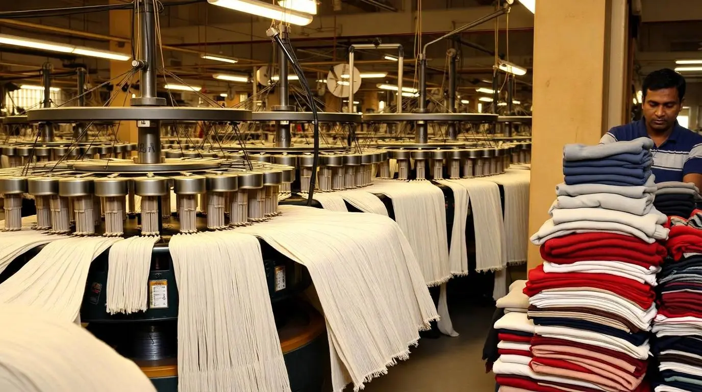 Circular knitting machines producing cotton jersey fabric with stacks of folded knitwear alongside