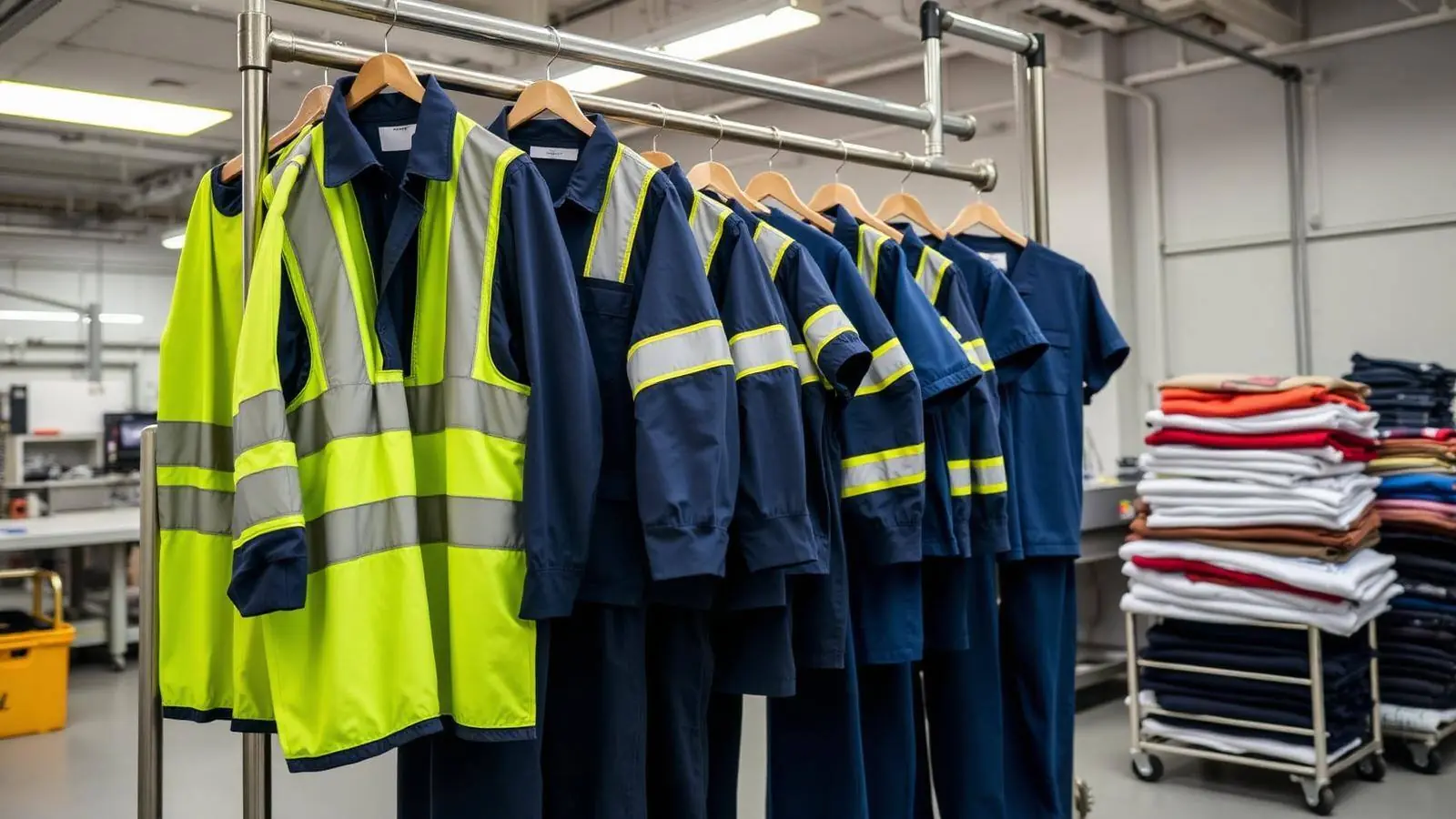 Navy coveralls and hi-vis reflective jackets on a rail in a garment factory finishing area