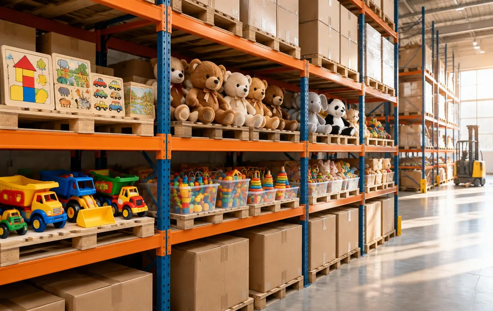 Export warehouse racking with wooden puzzles, plush teddy bears, plastic toy trucks and packed cartons