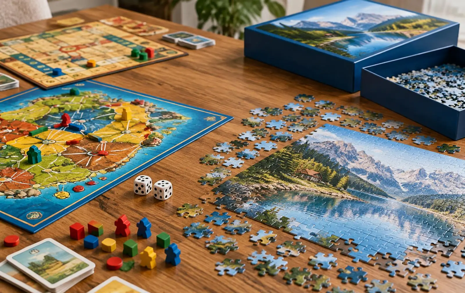 Printed board games with dice and tokens next to a jigsaw puzzle being assembled