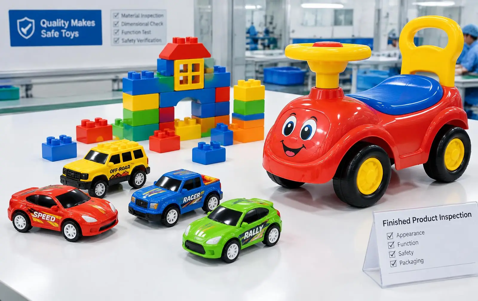 Injection-moulded plastic toy cars, building blocks and a ride-on toy on a factory inspection table