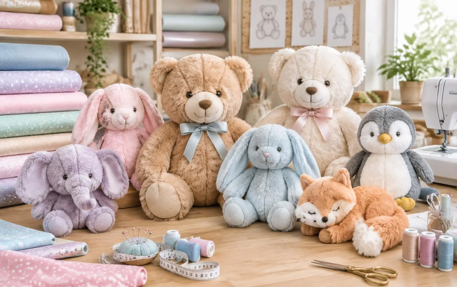 Plush teddy bears, bunnies, an elephant and a penguin on a sewing workshop table with fabric rolls