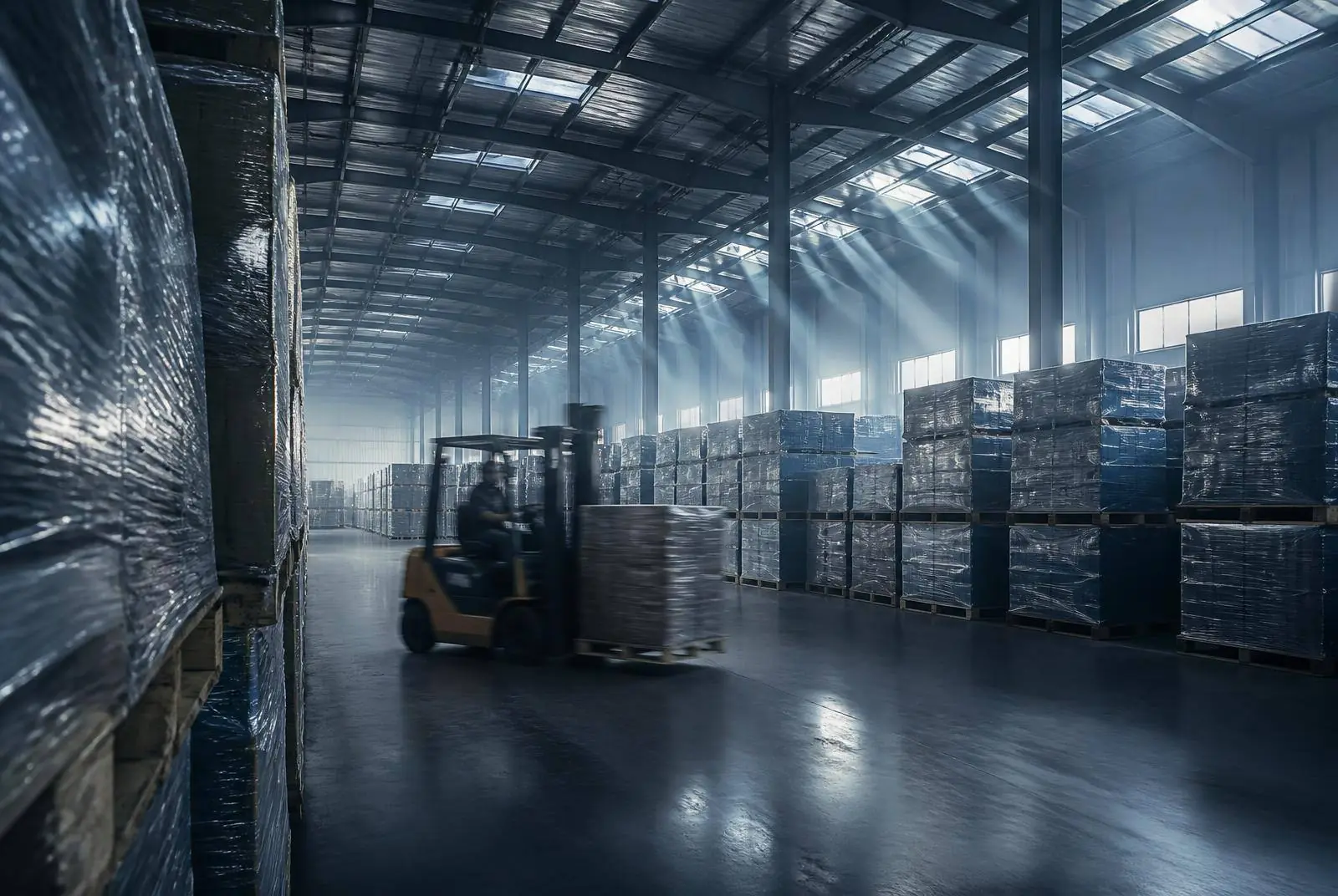 Export consignments staged inside a modern warehouse before loading